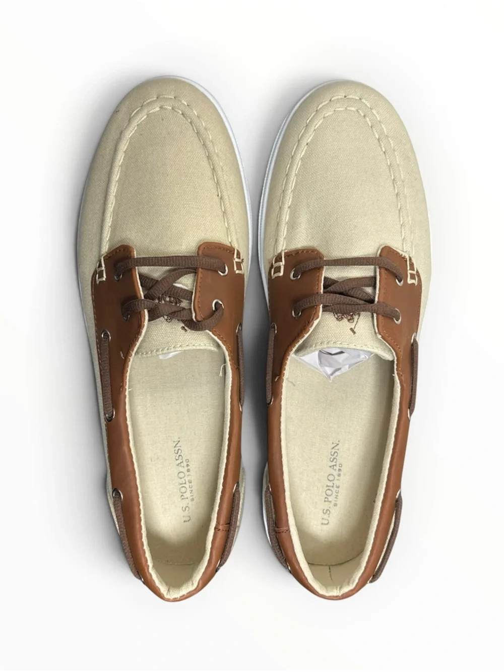 Men’s 12 Casual Boat Shoes Sneakers Cream Canvas Brown Trim NWOT U.S. Polo Assn.